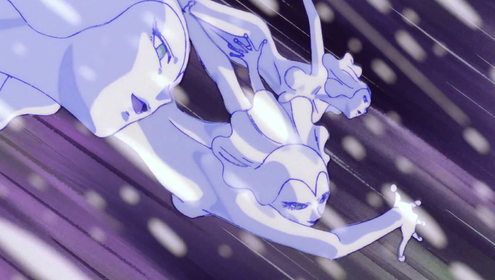 The Snow Dancers from the Sailor Moon S movie. They’re completely white, and their hair more resembles fluttering cloth. There are three of them in this picture, flying diagonally downwards.